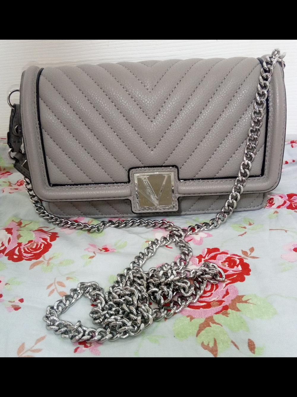Victoria's Secret Gray Quilted Crossbody with Silver Chain